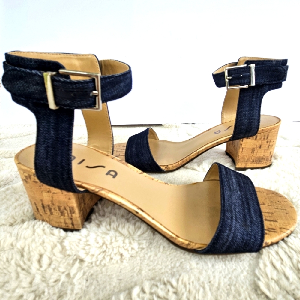 Unisa Womens Y2K Sultry Boho Denim Block Heel Sandals 10M Open-Toe Ankle Straps